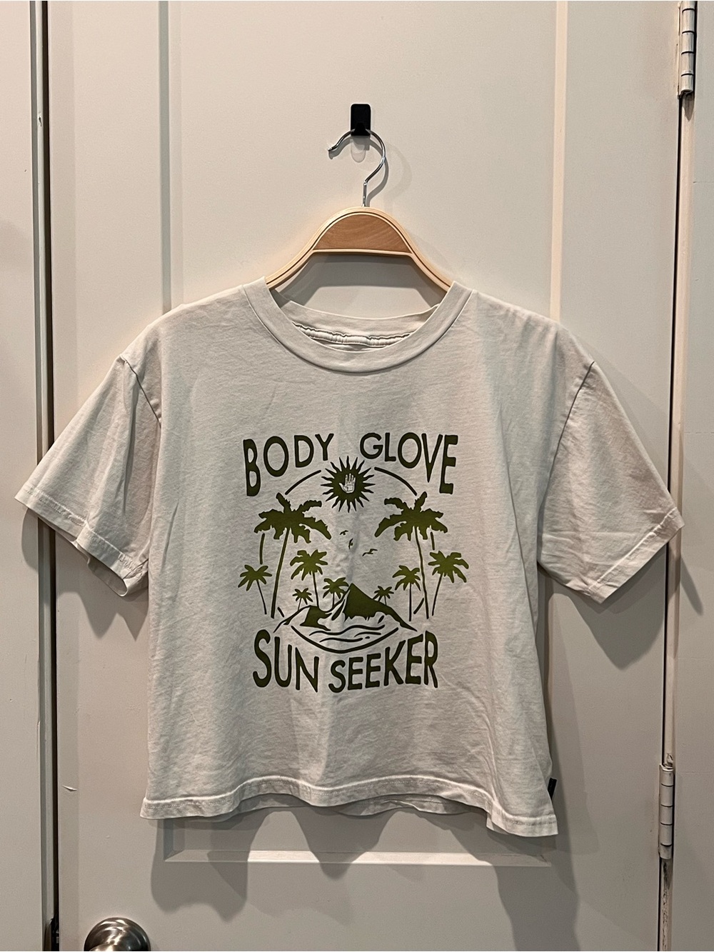 Body Glove White Cropped T-Shirt with Olive Green Sun & Palm Graphic